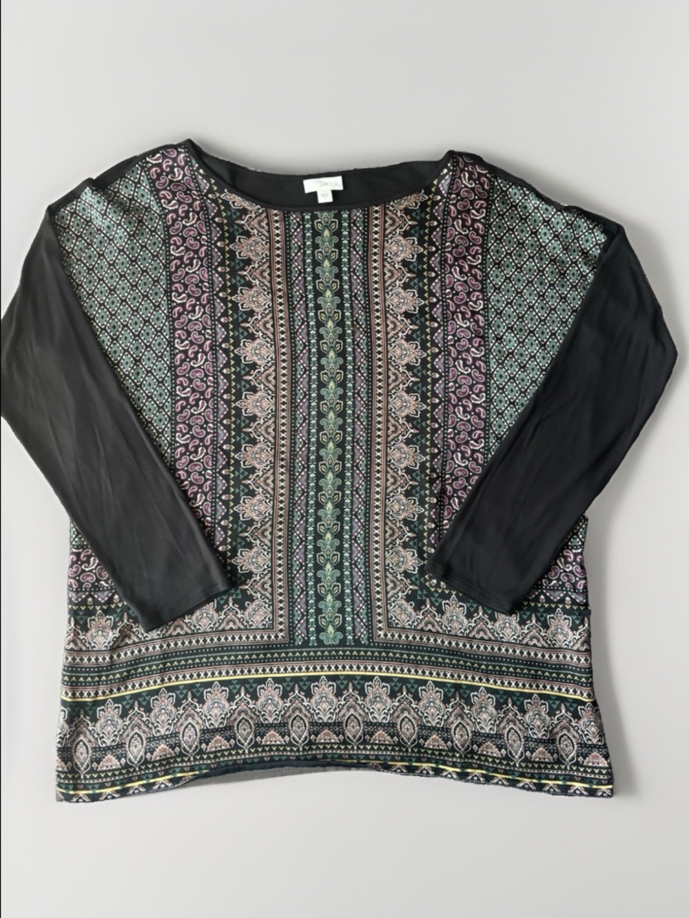 J. Jill Black Regal Paisley Mixed Media Easy Tunic Blouse Large Long Sleeves